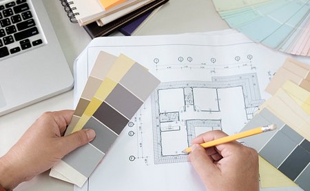 graphic-design-color-swatches-pens-desk-architectural-drawing-with-work-tools-accessories